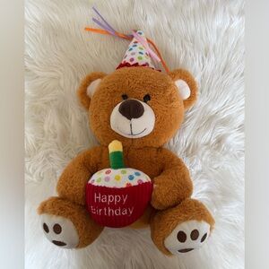 Musical Brown Teddy Bear with Birthday Cupcake